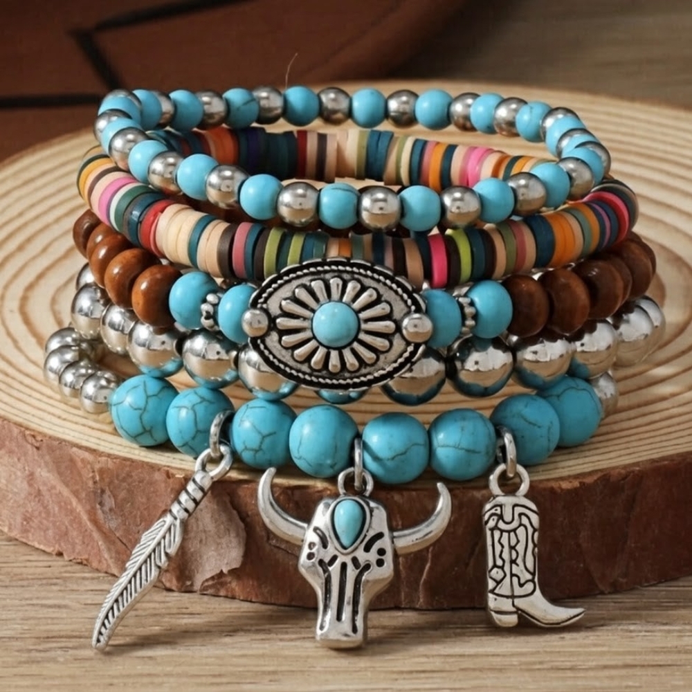 5 Bracelet Set Silver Blue Turquoise Stone Jewelry Rodeo Outfit Hippie Festival
